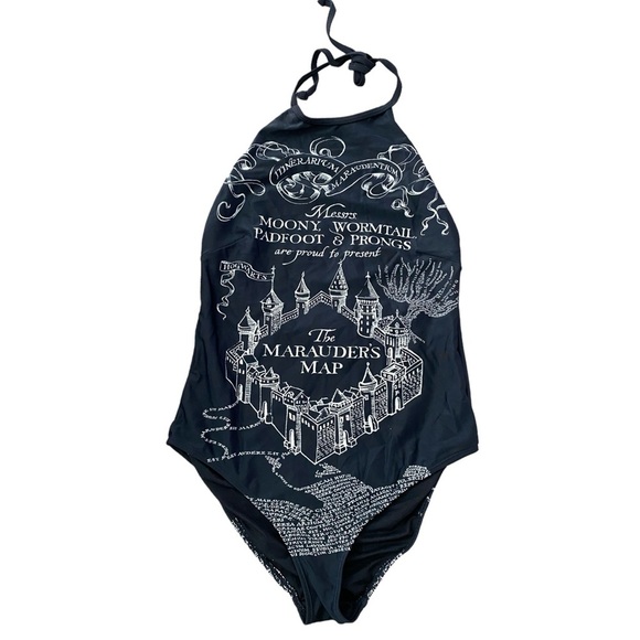 Harry Potter Women’s One Piece Swimsuit Medium Black Marauder’s Map Print - Picture 2 of 4